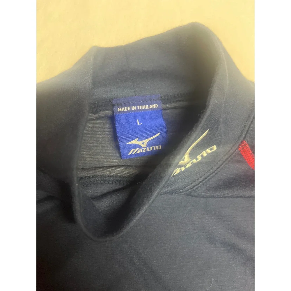 Mizuno Mens Long Sleeve Mock Neck Athletic Base Layer Navy Blue Red RN 89730 L - Picture 2 of 5